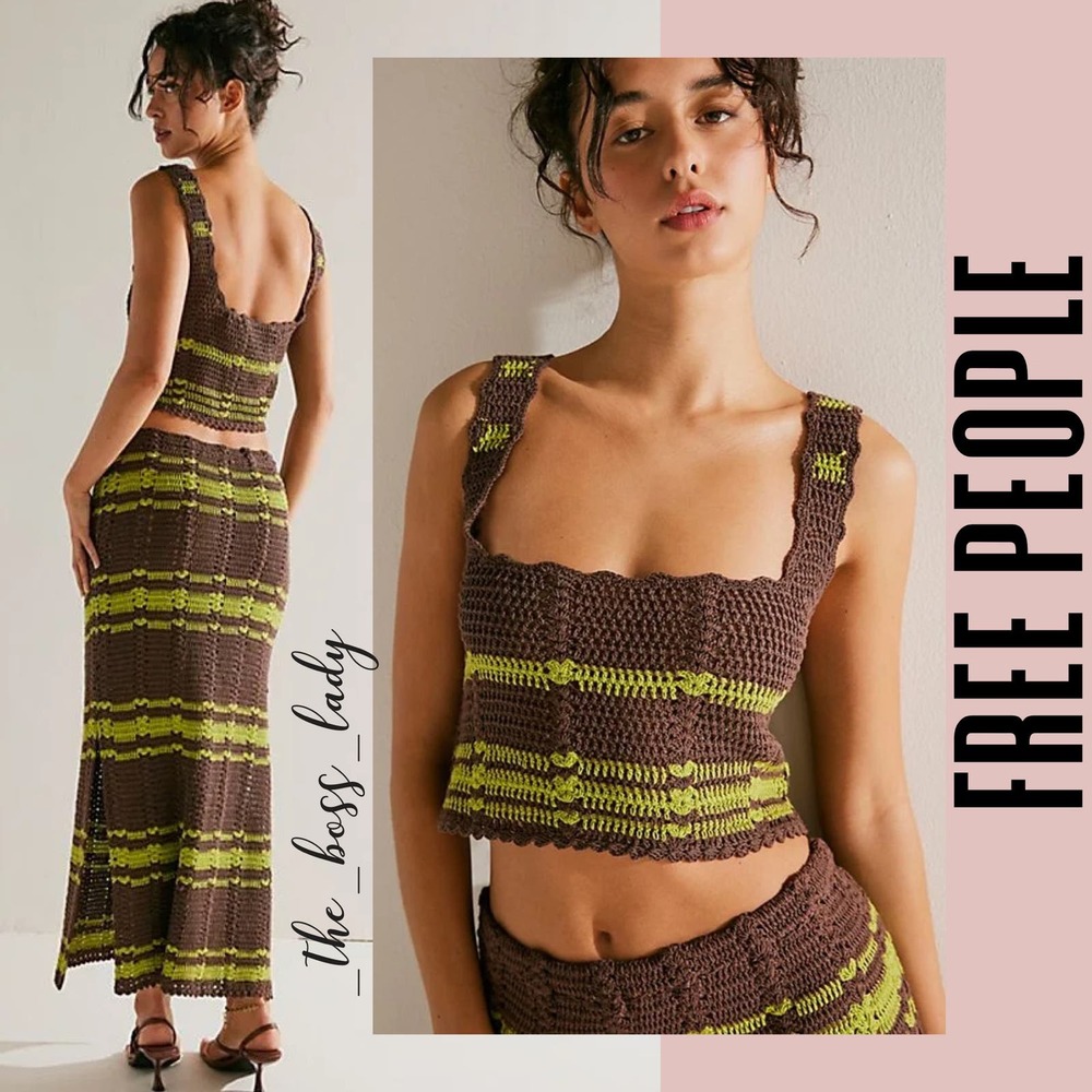 Free People Brown and Green Crochet Skirt Set